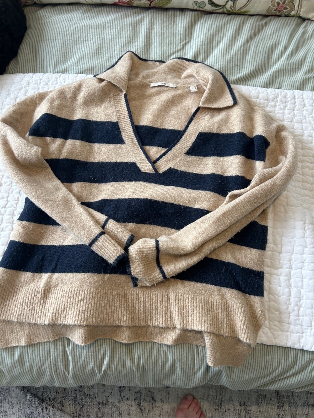Esprit Beige and Navy Striped V‑Neck Polo Sweater